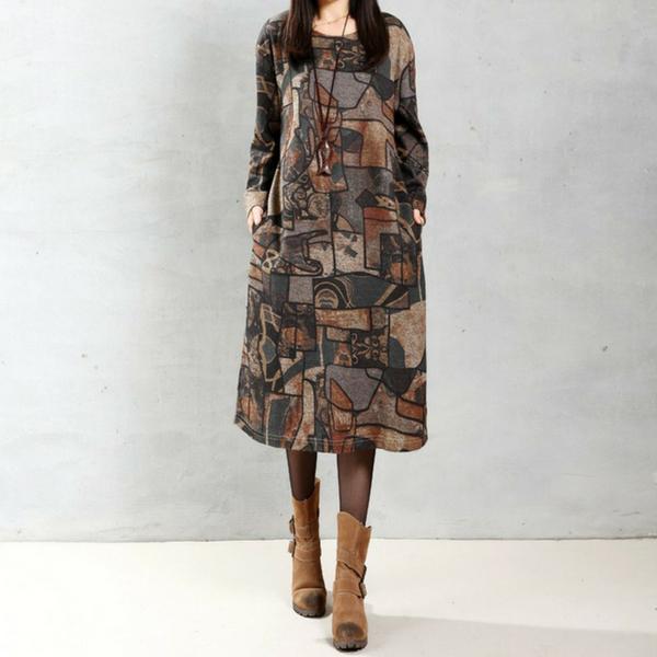 Buddha Trends Dress Brown / S Van Gogh Art Inspired Dress