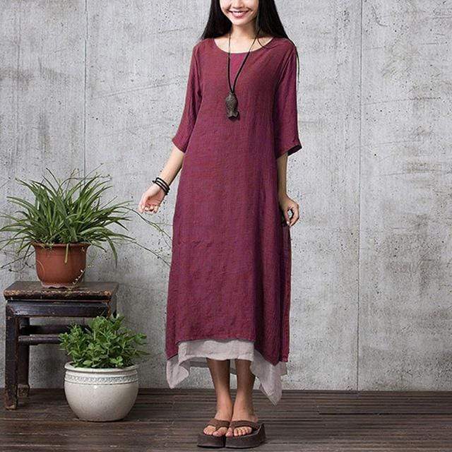 Buddha Trends Dress Burgund / XXL Oversized Warstwowa sukienka w stylu cyganerii
