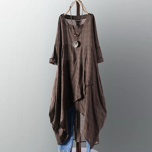 Buddha Trends Dress Coffee / 4XL فستان قميص غير متماثل غير رسمي بأكمام طويلة مقاس XNUMXXL