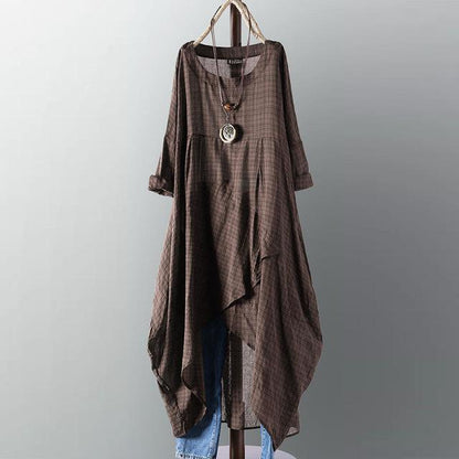 Buddha Trends Dress Coffee / 4XL Casual Manica lunga Abito asimmetrico a camicia