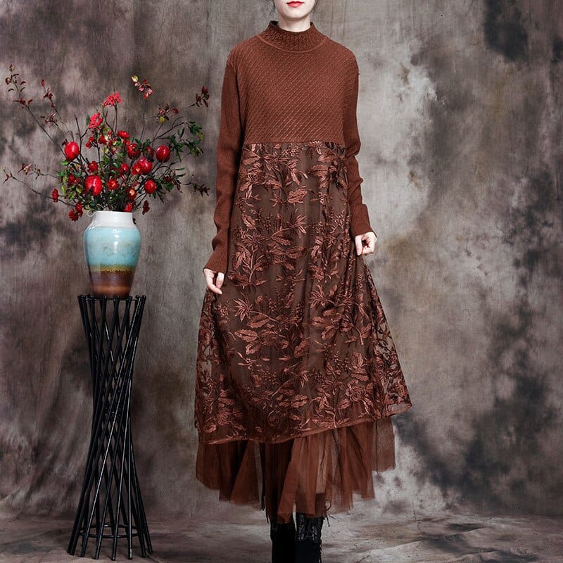 Buddha Trends Dress Coffee / One Size Floral Melody Asymmetrical Dress | Νιρβάνα