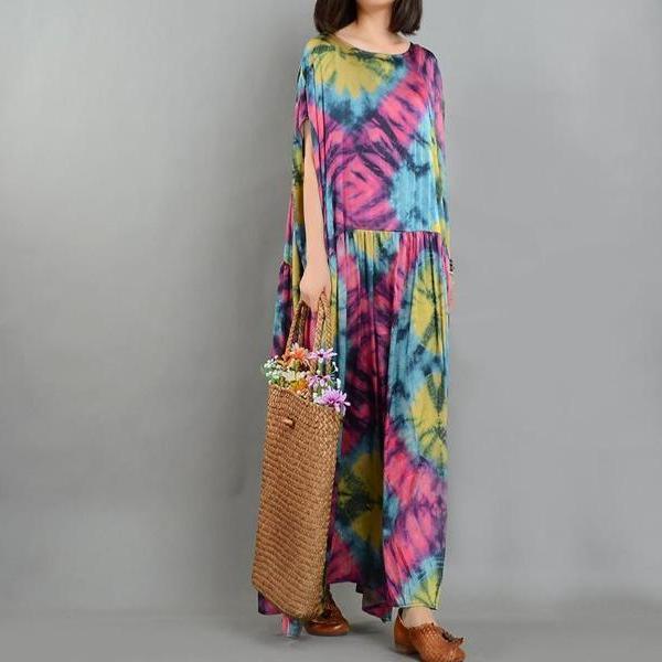 Buddha Trends Dress Colorful Short Sleeve Long Hippie Maxi Dress