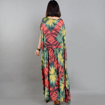 Φόρεμα Buddha Trends Πολύχρωμο κοντομάνικο μακρύ hippie μάξι φόρεμα