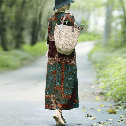 Buddha Trends Dress Countryside Patchwork Print Midi Dress