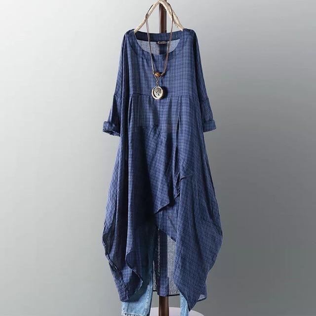 Платье Buddha Trends Темно-синее / XXL Повседневное асимметричное платье-рубашка с длинным рукавом