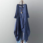 Buddha Trends Dress Biru Tua / XXL Kasual Lengan Panjang Kemeja Asimetris