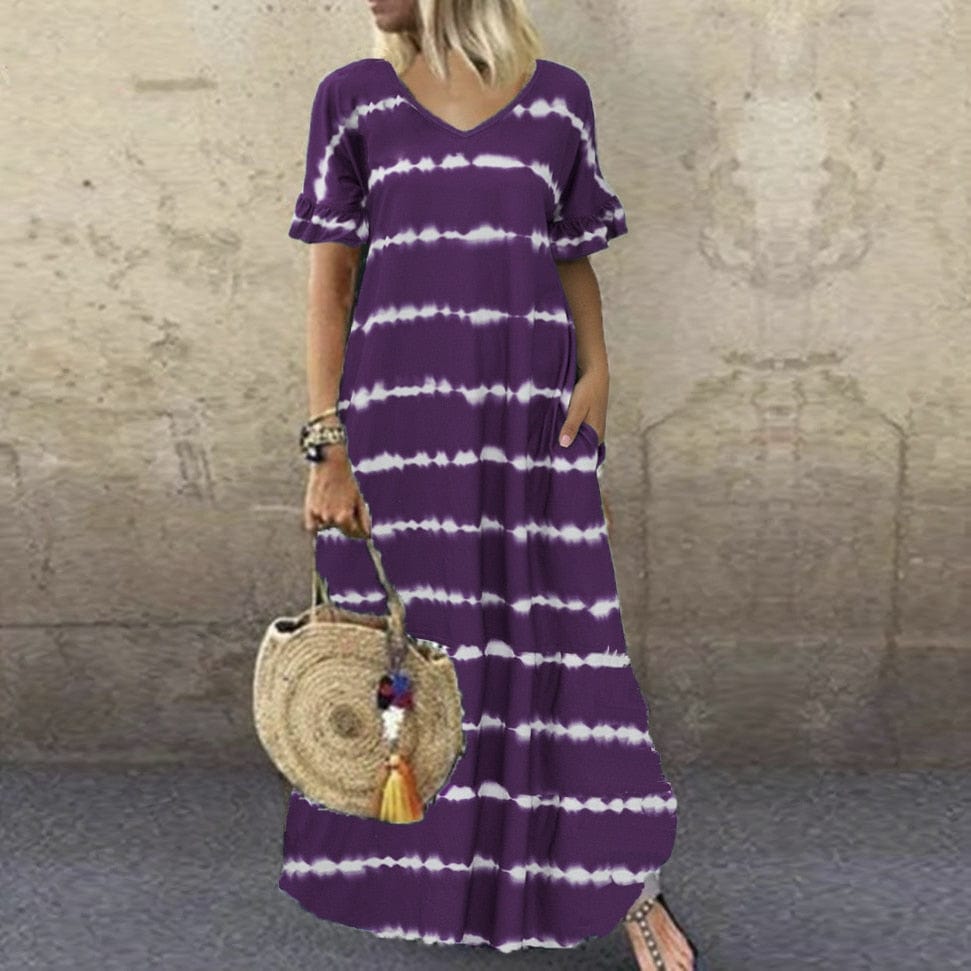 Buddha Trends Dress Dark Purple / S / China Ellia Tie-Dye Stripes Dress