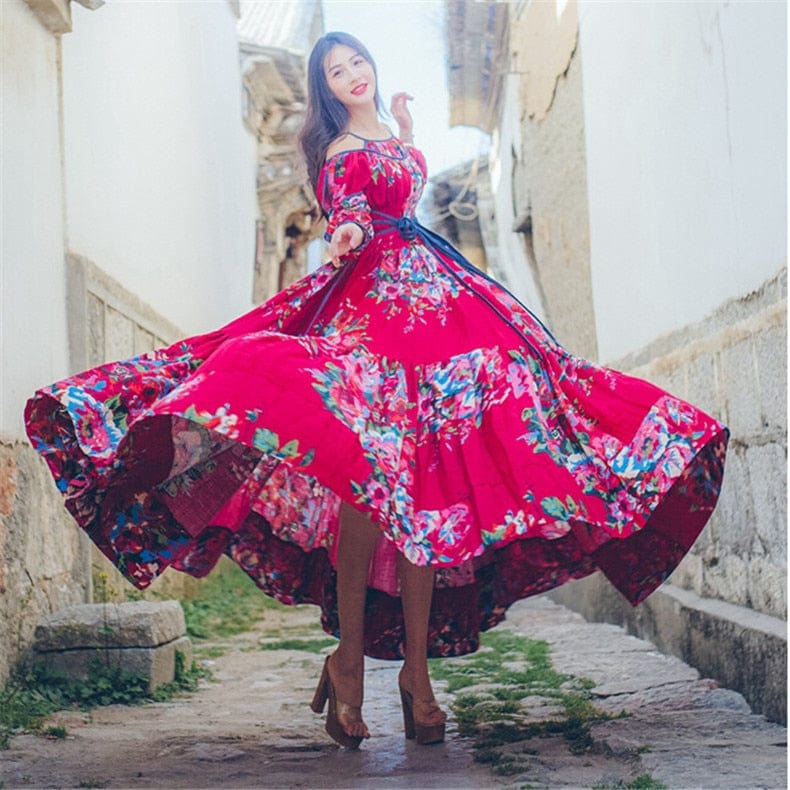 Buddha Trends Dress Fit and Flare Red Floral Gypsy Dress | Mandala