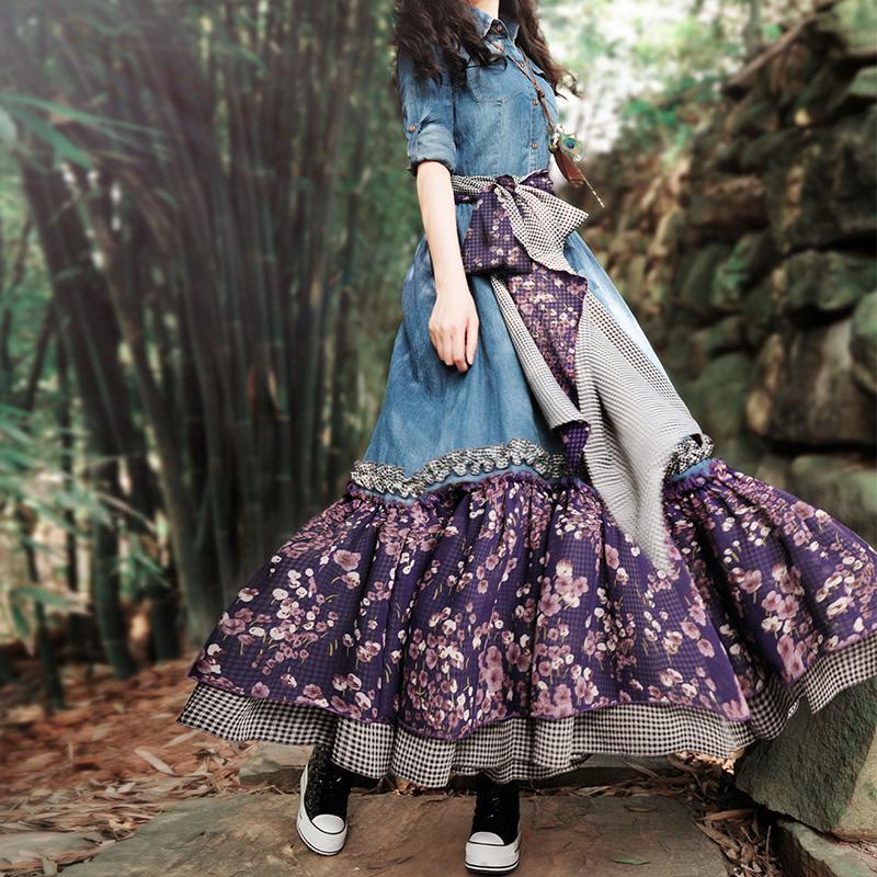 بوذا تريندز فستان من قماش الدنيم المرقع بالزهور | ماندالا