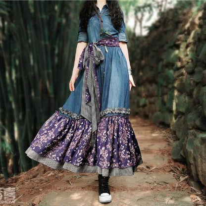 Budda Trends Dress Floral Patchwork Denim Dress | Mandala