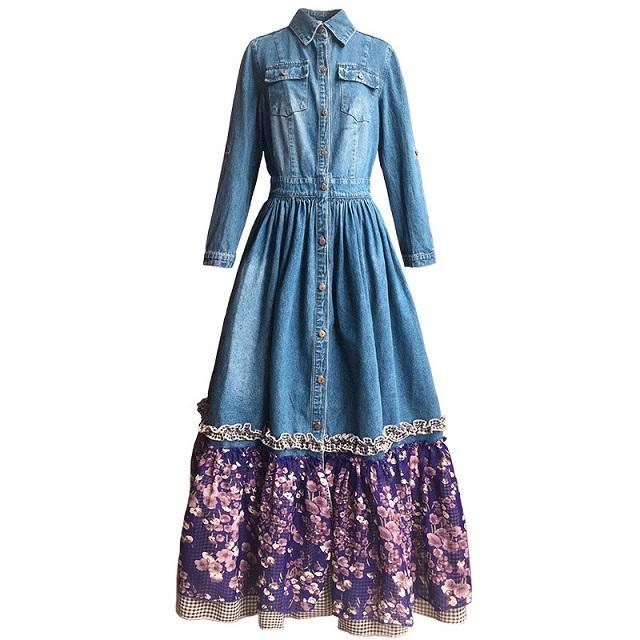 Dżinsowa sukienka patchworkowa w kwiaty | Mandala