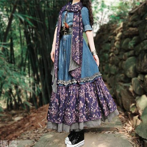 Buddha Trends Dress Floral Patchwork Denim Dress | Mandala