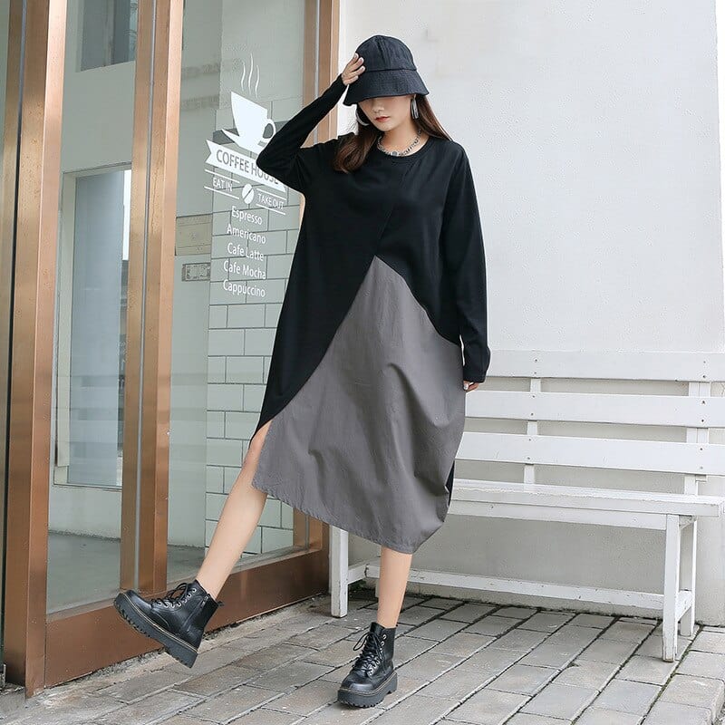 Buddha Trends Dress Grey / One Size Czarno-szara sukienka oversize