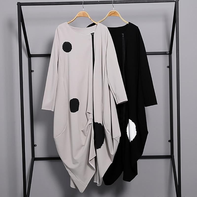 Buddha Trends Dress Gray / One Size Polka Dot Print Zip Up Dress | Millennials