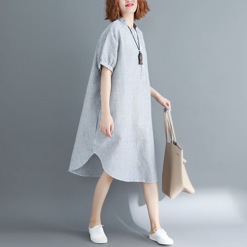 Buddha Trends Dress Gray / One Size Vintage Striped Oversized Shirt Dress