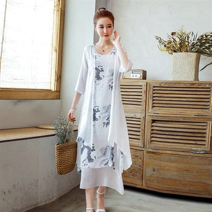 Buddha Trends Dress Gris / S Midi Floral Dress + Cardigan | OOTD