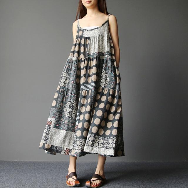 Buddha Trends Dress Grey / XXL Patchwork Polka Dots Hippie Dress