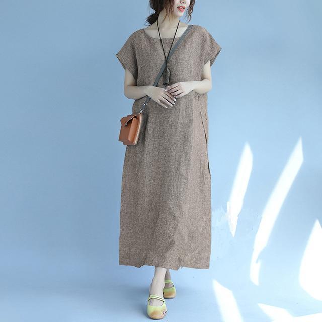 Buddha Trends Dress Khaki Brown / XL Vintage bavlněné midi šaty