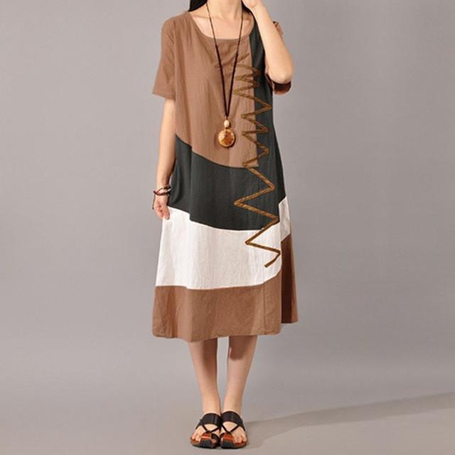 Buddha Trends Kleid Khaki / L Geometrisches Vintage-Kleid in Übergröße