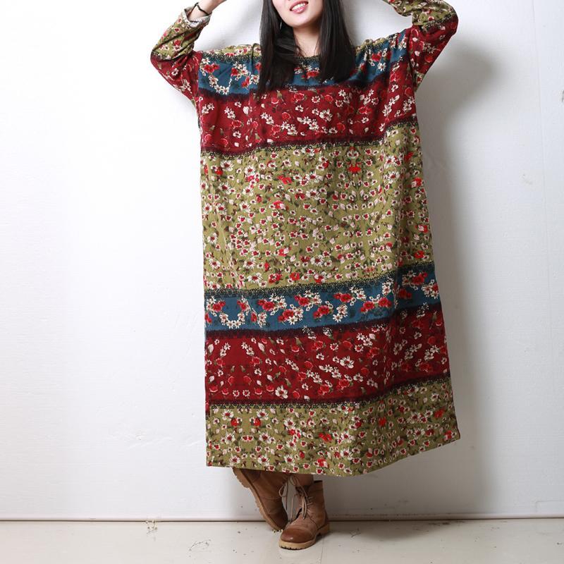 Buddha Trends Kleid Khaki / One Size Langarm Blumen Patchwork Robe