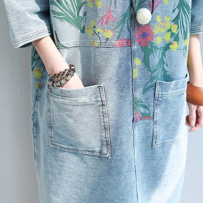 Buddha Trends Dress Light Blue / One Size Loose Floral Printed Hippie Shirt Dress