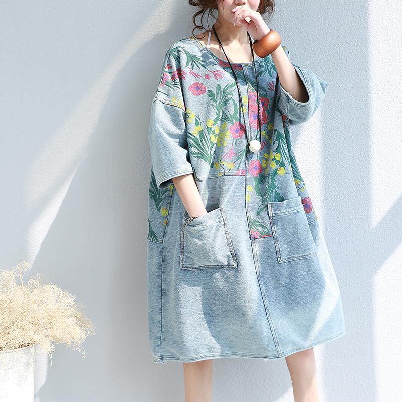 Buddha Trends-kjole Lyseblå / One Size Loose Floral Printed Hippie Shirt Dress