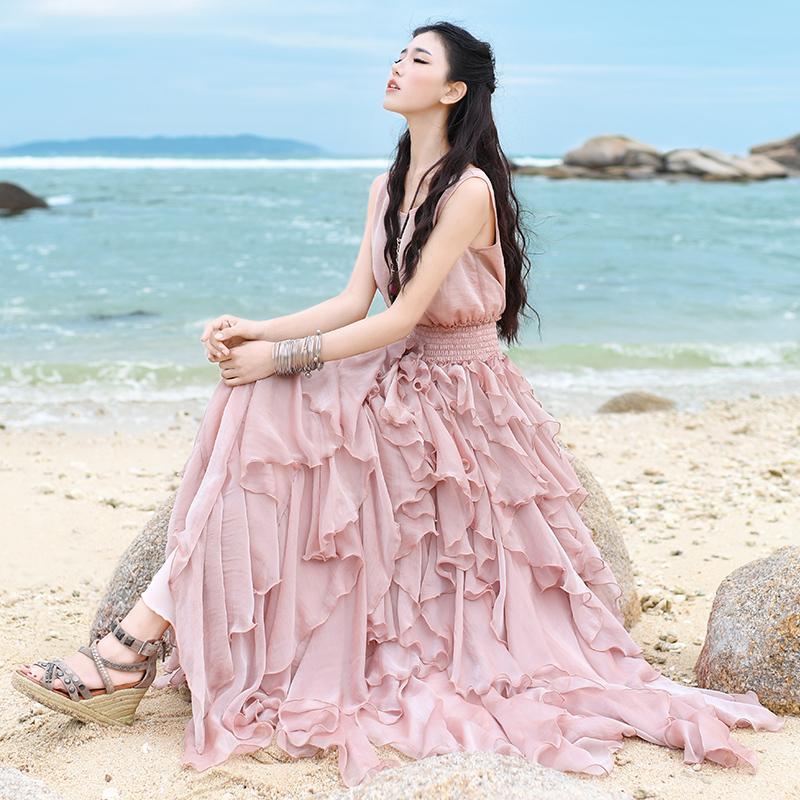 Φόρεμα Buddha Trends Ανοιχτό ροζ Boho Flowy Raffed Tank Dress | Μάνταλα