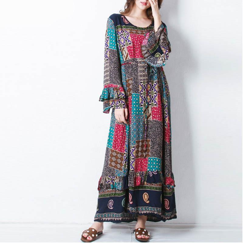 Buddha Trends Dress Abito hippie patchwork floreale a maniche lunghe