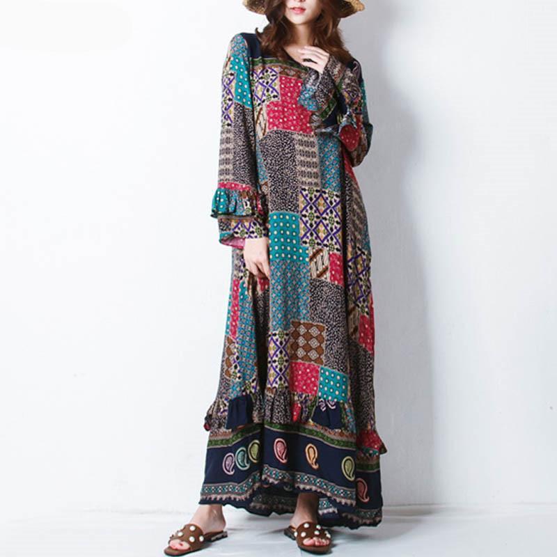 Buddha Trends Dress Long Sleeves Floral Patchwork Hippie Dress