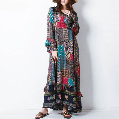 Buda Trendleri Elbise Uzun Kollu Çiçekli Patchwork Hippi Elbise