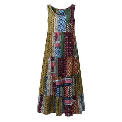 Buddha Trends Dress Volný patchworkový potisk Hippie šaty bez rukávů