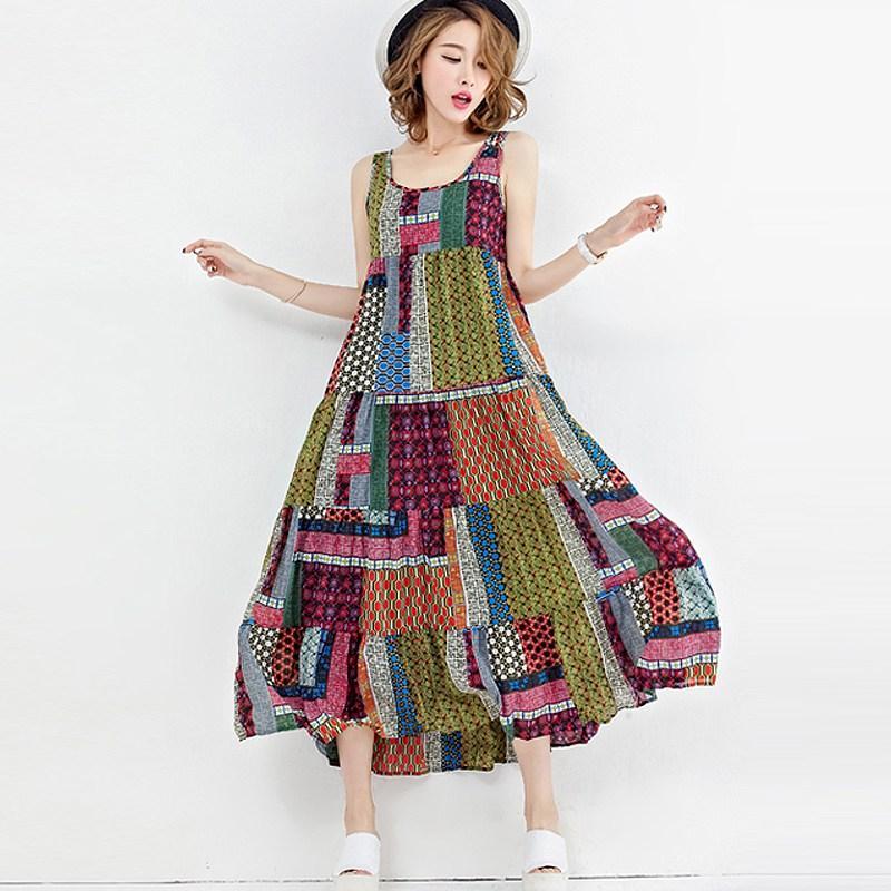 Budda Trends Dress Luźna, patchworkowa sukienka bez rękawów Hippie