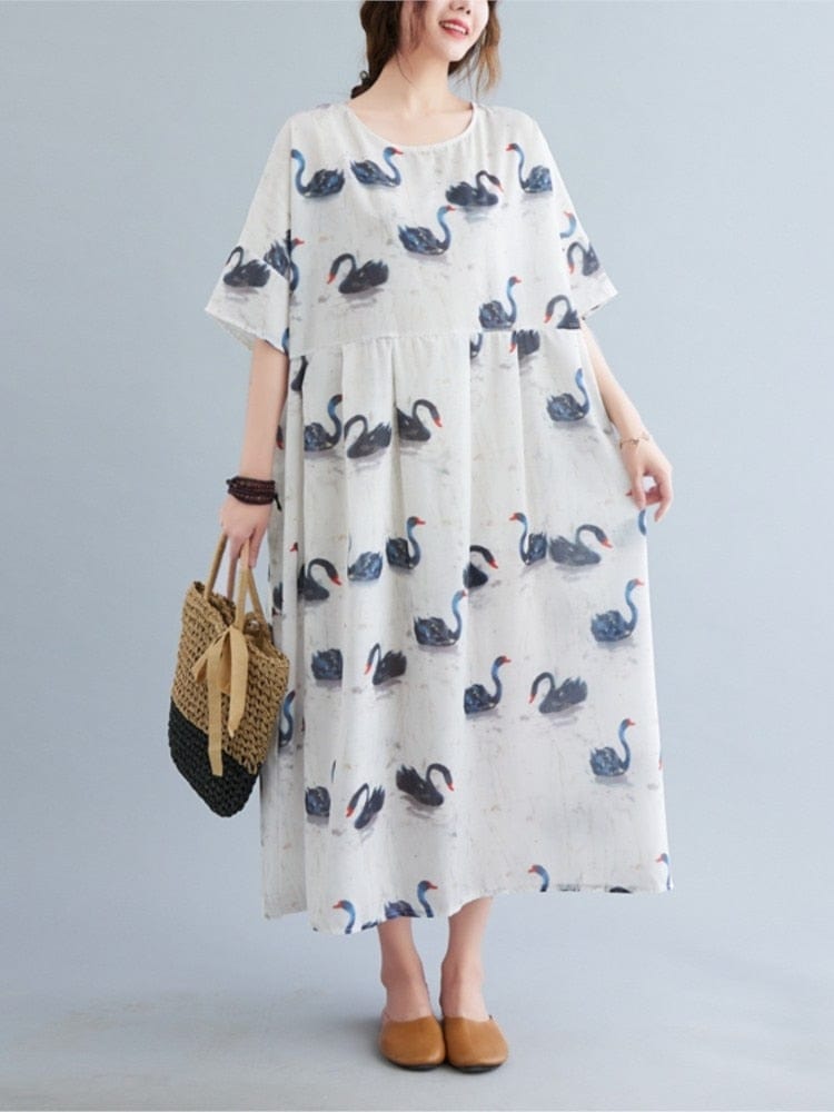 Φόρεμα Buddha Trends Loose Swans Print Midi Φόρεμα