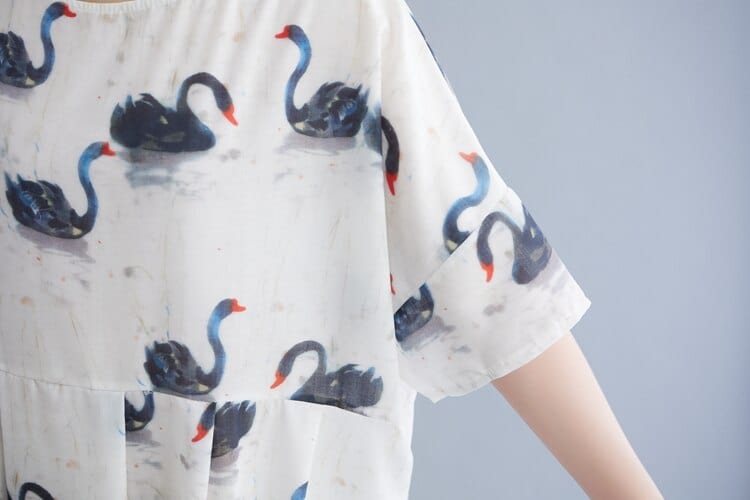 Buddha Trends Dress Loose Swans Print Midi Dress
