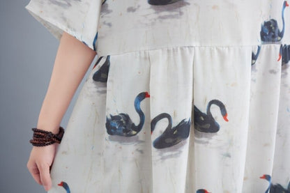 Buddha Trends Dress Loose Swans Print Midi-mekko