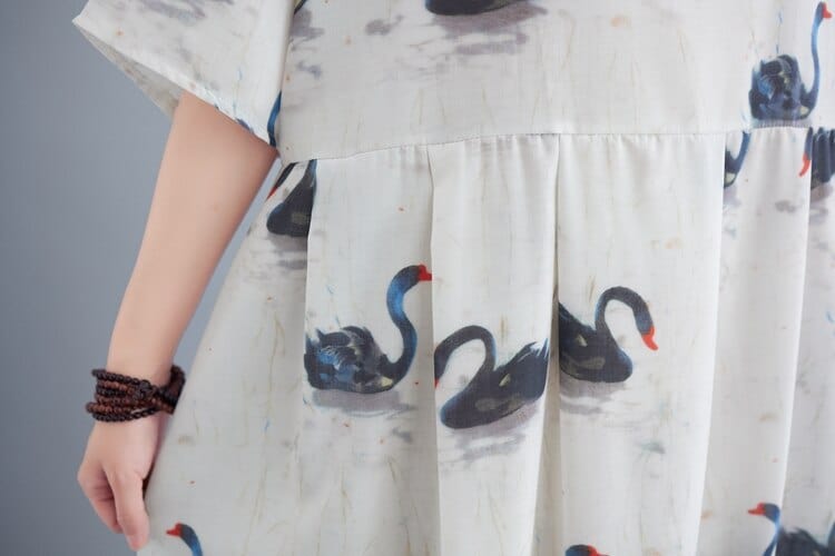 Buddha Trends Dress Loose Swans Print Midi Dress