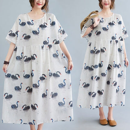 Buddha Trends Dress Loose Swans Print Midi-mekko