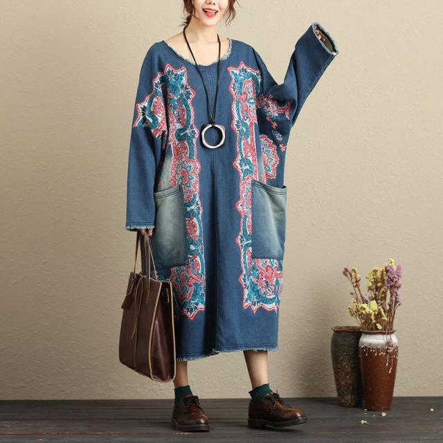 Φόρεμα Buddha Trends Multi Blue / One Size Flash Patchwork Denim Dress Με μεγάλες τσέπες
