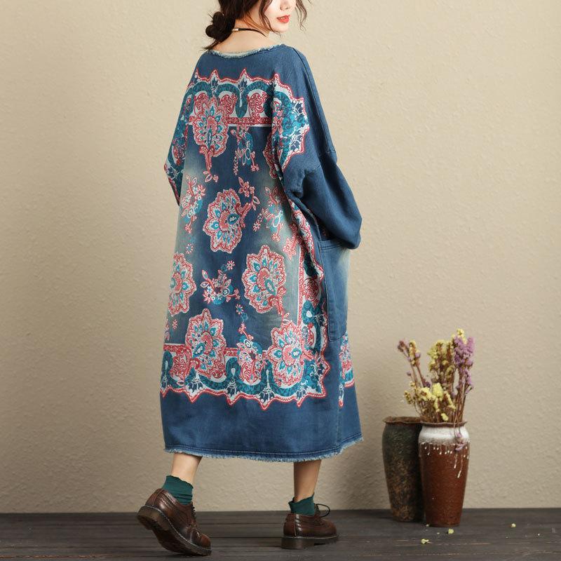 Buddha Trends فستان متعدد الألوان أزرق / مقاس واحد من قماش الدنيم المرقع مع جيوب كبيرة
