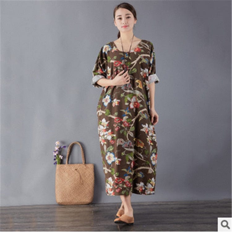 Buddha Trends Dress Multi / One Size Birds and Flowers Sukienka midi w stylu vintage