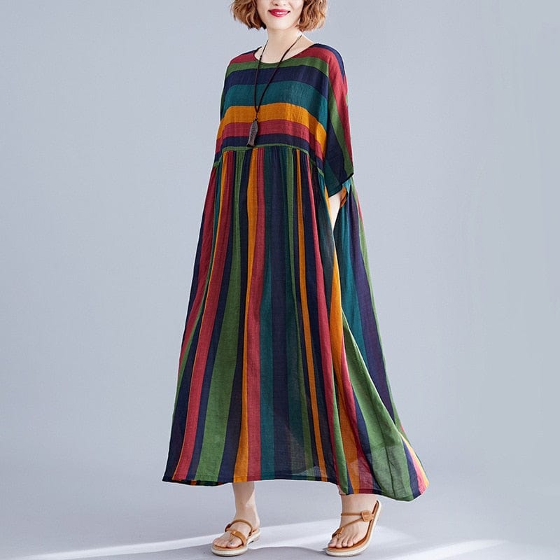 Buddha Trends Dress MULTI / Satu Ukuran Retro Rainbow Striped Longgar Dress