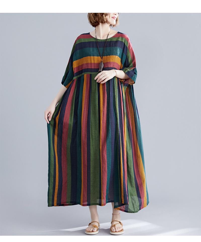 Buddha Trends Dress Multi/Satu Ukuran Retro Rainbow Striped Longgar Dress