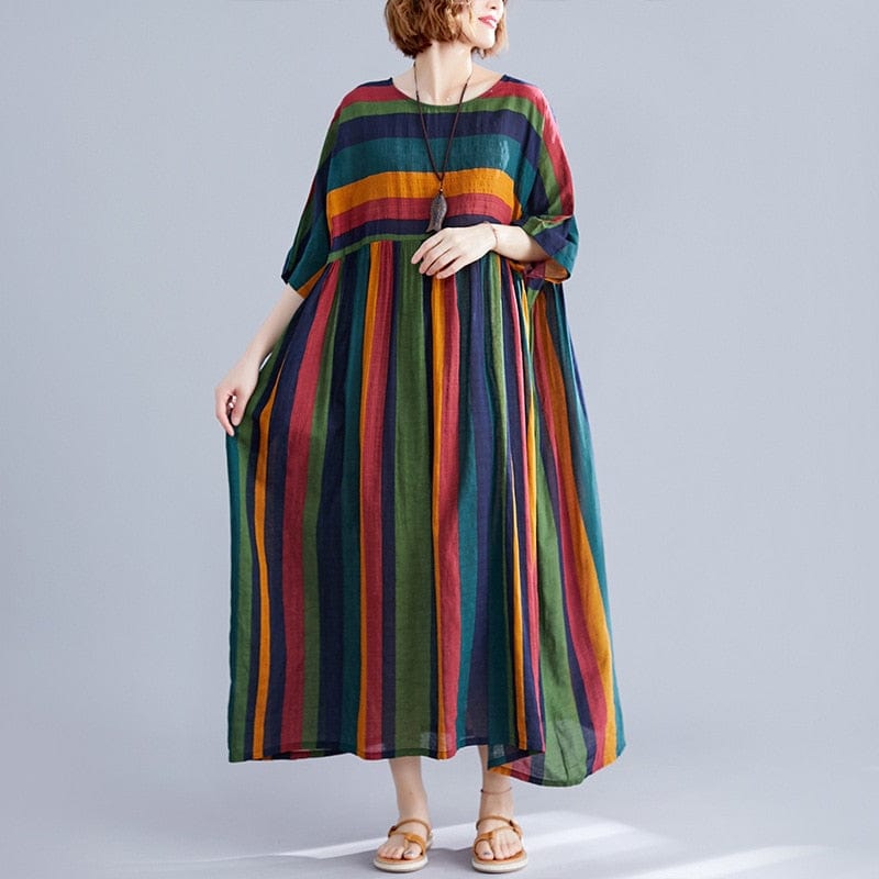 Buddha Trends Kleid Multi / Einheitsgröße Retro Regenbogen gestreiftes lockeres Kleid