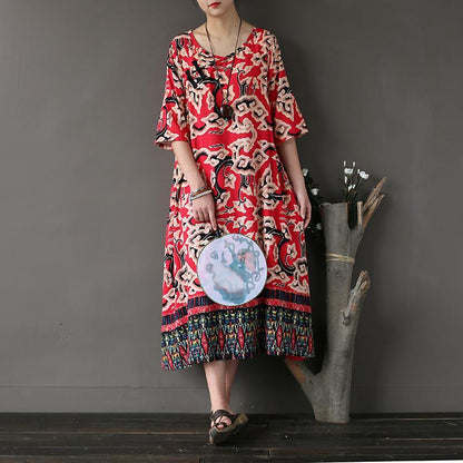 Buddha Trends Kleid Multi Rot / One Size Asia Mystery Midi-Kleid mit V-Ausschnitt