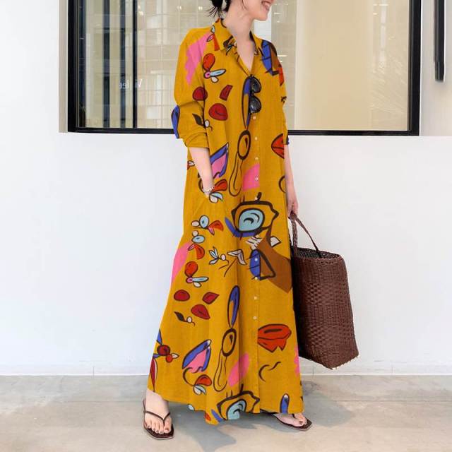 Платье Будды Trends Многоцветное желтое / 4XL Абстрактное искусство Макси-платье на пуговицах