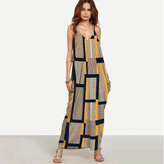 Buddha Trends Kleid Multi Gelb / XL Geometrische Kunst Boho Chic Langes Sommerkleid