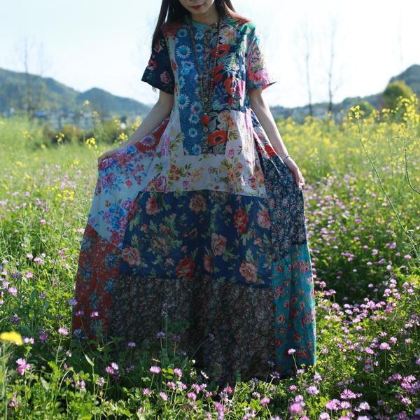 Buddha Trends Dress Multicolor Random Patchwork Hippie Dress