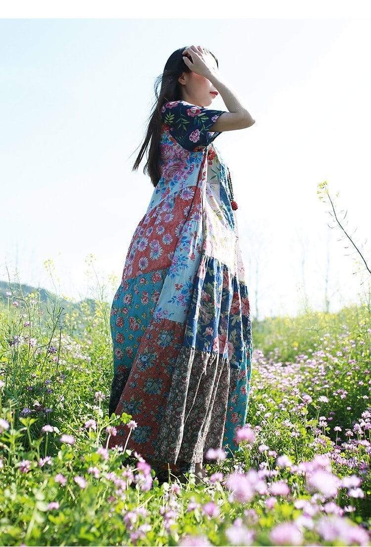 Buddha Trends Dress Multicolor Random Patchwork Hippie šaty