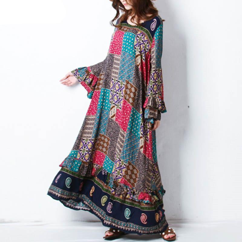 Buddha Trends Dress Multicolor / S manicatas Florales Patchwork Hippie Dress