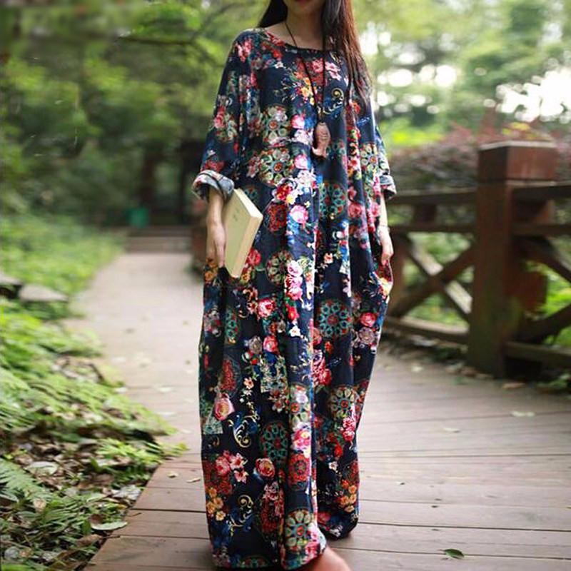 Buddha Trends Kleid Marineblau / Small Flower Power Maxikleid